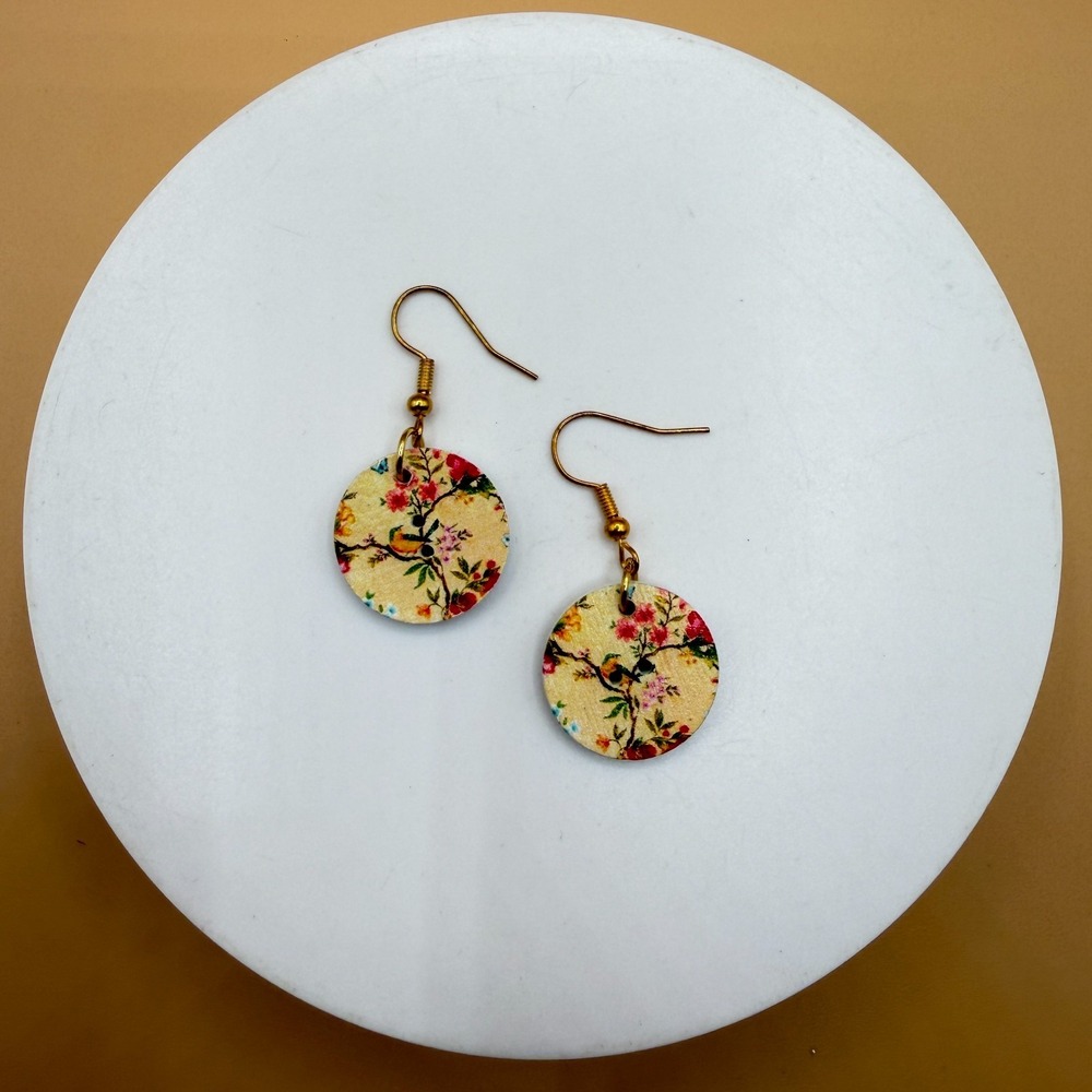 Floral Bird Wood Disc Dangle Earrings Gold Tone Cottagecore Boho Romantic Gift